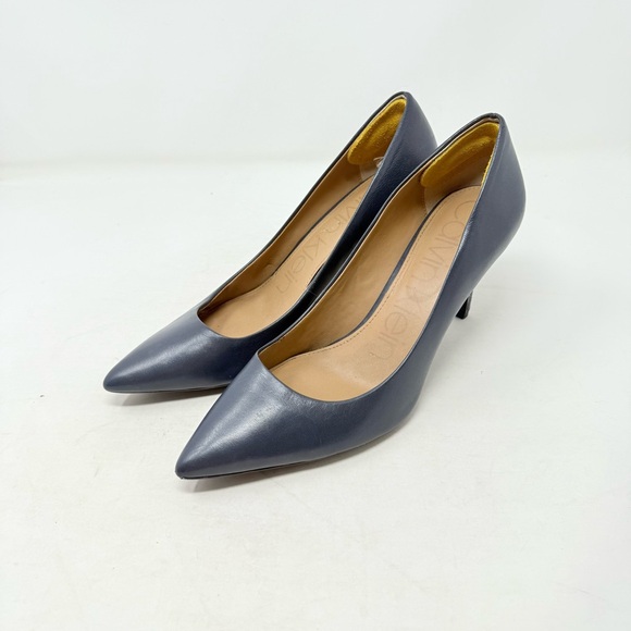 Calvin Klein Navy Blue Leather Pointed Toe Pumps Size 8.5 Classic Heels - Picture 1 of 11